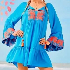 New Lilly Pulitzer Amisa Tunic Dress Sparkling Blue Embroidered Tassels Coral M